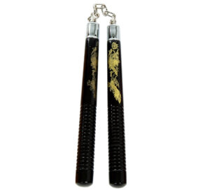 Alternative view of NUNCHAKU LEGNO MANICO RIGATO DISEGNO DRAGO CON CATENA