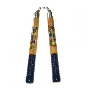NUNCHAKU LEGNO MANICO RIGATO DISEGNO DRAGO CON CATENA
